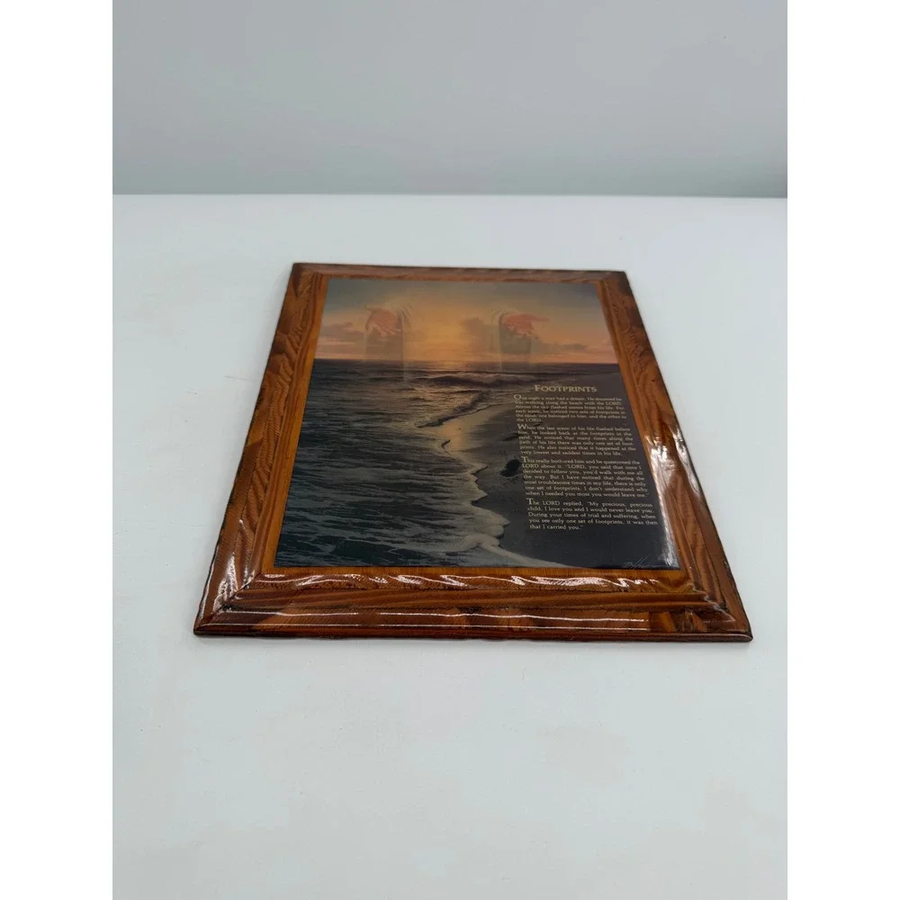Footprints in the Sand Plaque Brown Wood Resin Religious Laminated Christian